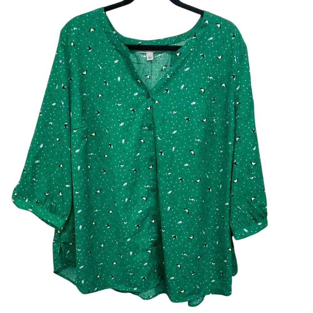 Catherines Womens Green Blouse 1X Umbrella Print 3/4 Sleeve Button-Front‎
